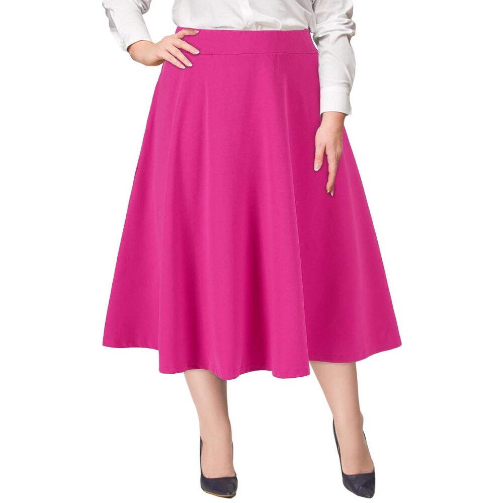 2579 Plus Size Midi Skirt High Elastic Waist A-Line Flared Skater Skirts